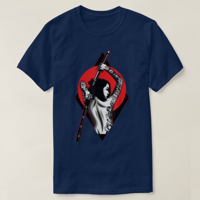Camiseta Geisha Chica Katana Espada y tatuaje del Dragón Ja (Diseño del anverso)