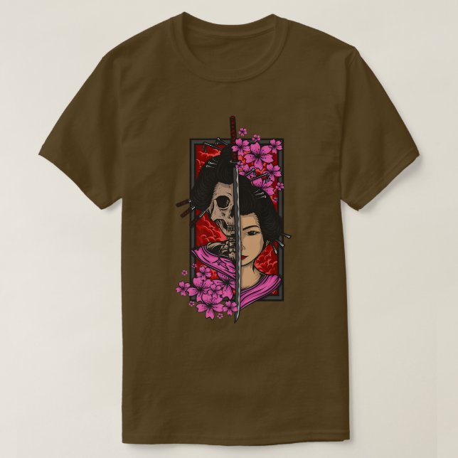 Camiseta Geisha con katana y sakura flerry samur (Diseño del anverso)