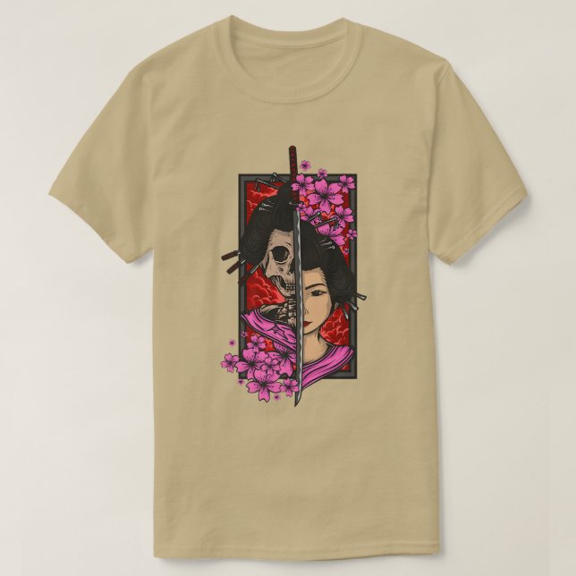 Camiseta Geisha con katana y sakura flerry samur (Diseño del anverso)
