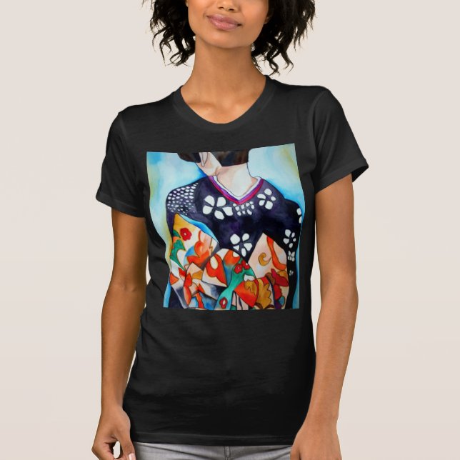 Camiseta Geisha con kimono azul oscuro arte original (Anverso)