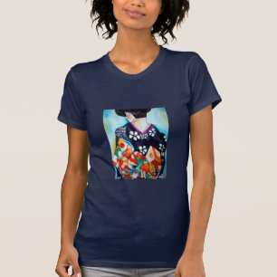 Camiseta Geisha con kimono azul oscuro arte original