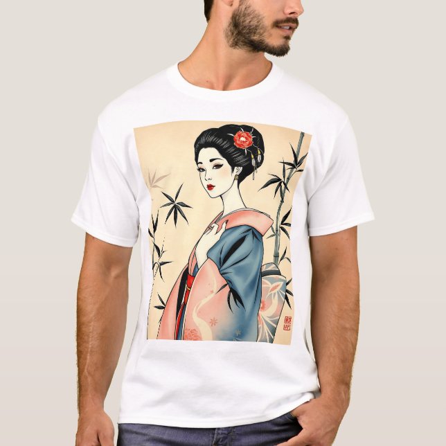 Camiseta Geisha elegante con patrones de bambú y tinta (Anverso)