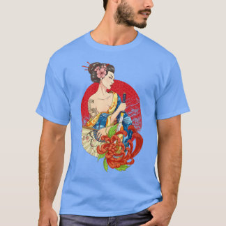 Camiseta Geisha Girl Katana Sword and Tattoo of Dragon Japa