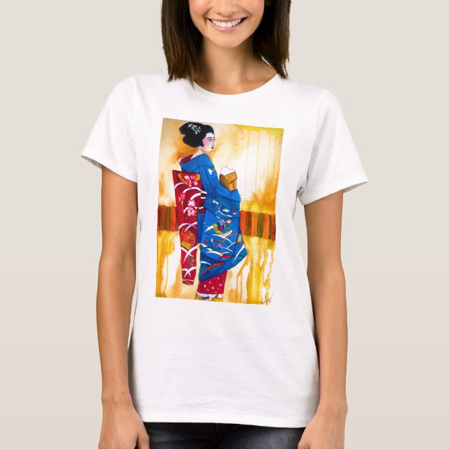 Camiseta Geisha japonesa con kimono azul (Anverso)
