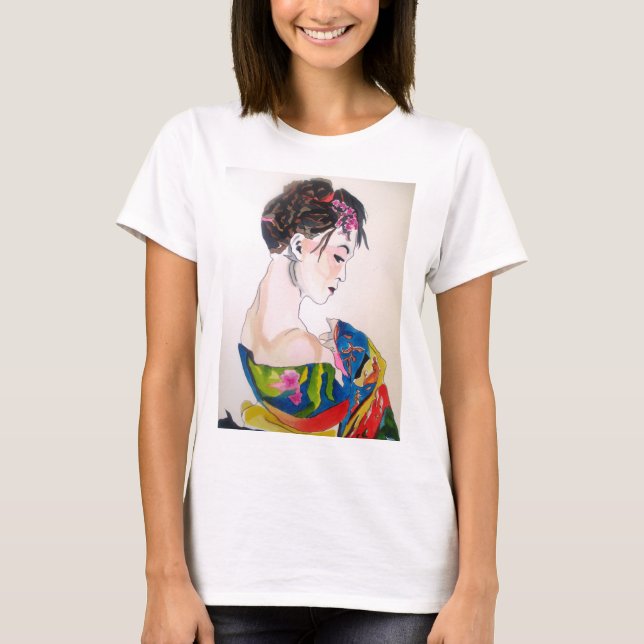 Camiseta Geisha japonesa con kimono azul (Anverso)