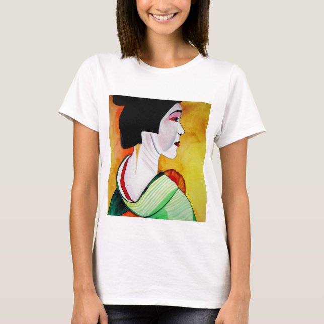 Camiseta Geisha japonesa con kimono verde arte original (Anverso)