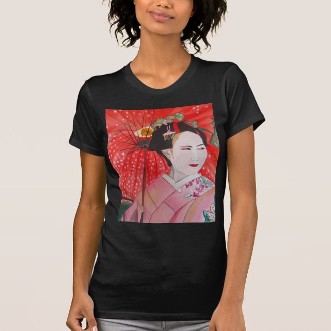 Camiseta Geisha japonesa con paraguas rojos arte original (Anverso)