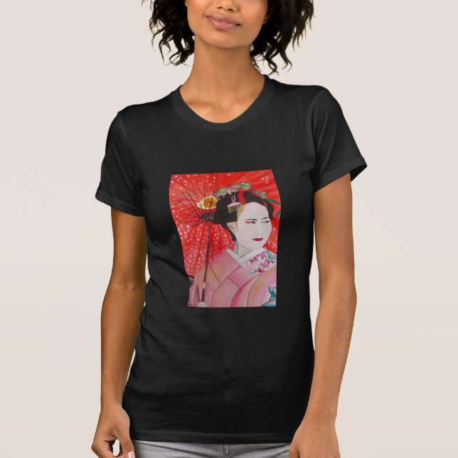 Camiseta Geisha japonesa con paraguas rojos arte original (Anverso)