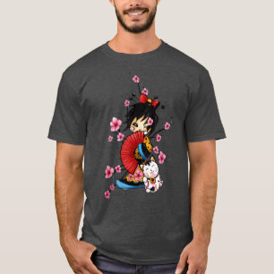 Camiseta geisha japonesa con sakura del gato neko de Luckt 