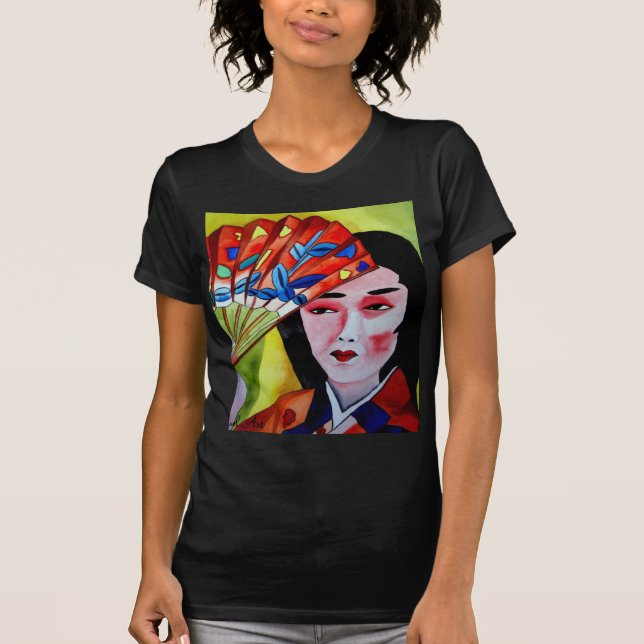 Camiseta geisha japonesa con una acuarela de fans arte orig (Anverso)
