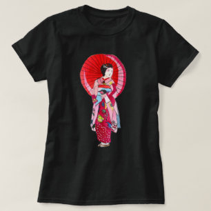 Camiseta Geisha kimono rojo japonés arte lindo