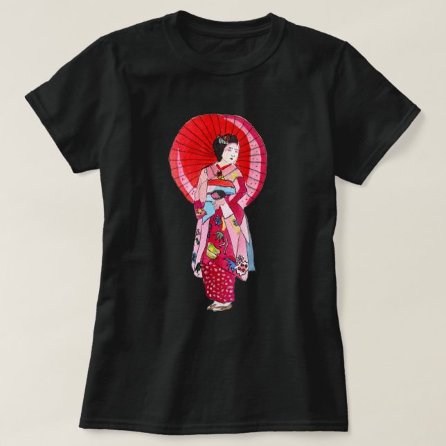 Camiseta Geisha kimono rojo japonés arte lindo (Diseño del anverso)