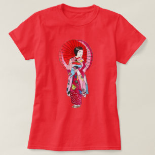 Camiseta Geisha kimono rojo japonés arte lindo