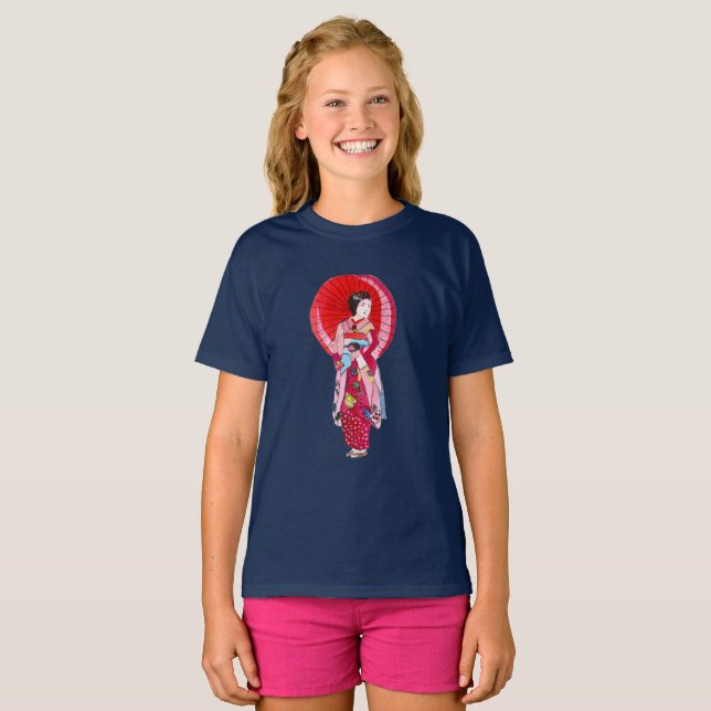 Camiseta Geisha kimono rojo japonés arte lindo (Anverso completo)