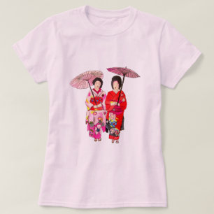 Camiseta Geisha linda japonesa con kimono rosa