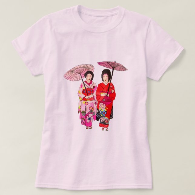 Camiseta Geisha linda japonesa con kimono rosa (Diseño del anverso)