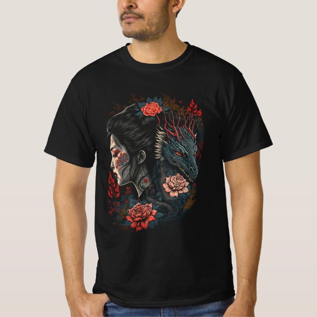 Camiseta Geisha oscura y el dragón - Florecer en las sombra (Anverso)