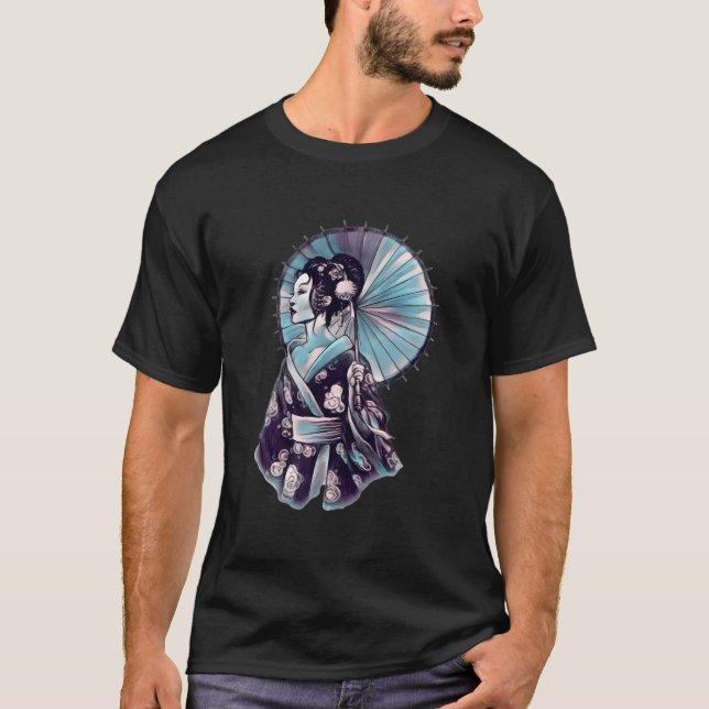 Camiseta Geisha Parasol Pretty Tattoo Samurai Hand-Drawn (Anverso)