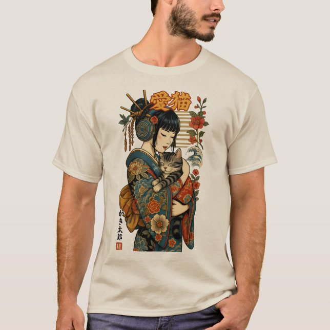 Camiseta Geisha y Gato - Floral japonesa (Anverso)