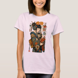 Camiseta Geisha y Gato - Floral japonesa