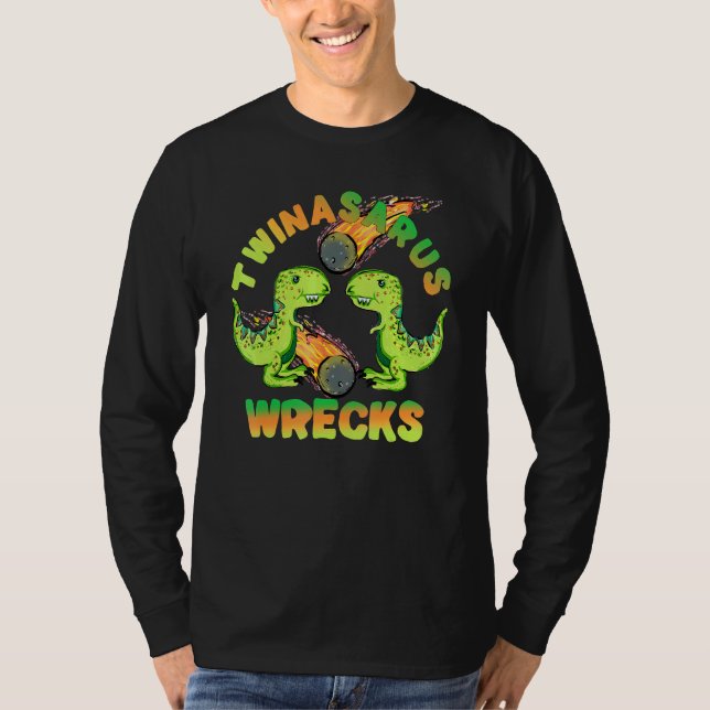 Camiseta Gemelos de dinosaurio Twinasaurus destroza a herma (Anverso)