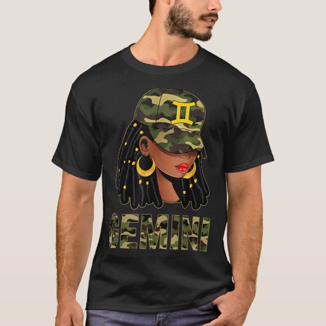 Camiseta Gemini Queen Loc'd Hair Black Woman Camo Cap Zodia (Anverso)