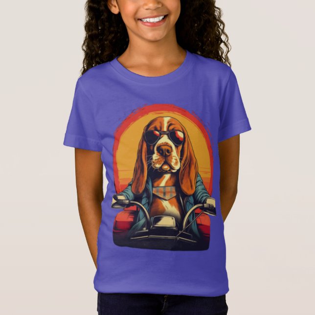 Camiseta Genial perro biker de raza basset en el atardecer (Anverso)