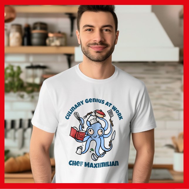 Camiseta Genio culinario en el trabajo Personalizado pulpo (Octopus Chef cartoon t-shirt in kitchen)
