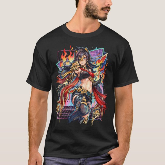 Camiseta Genshin Dehya Cabello Largo Oscuro Con Rayas Dorad (Anverso)