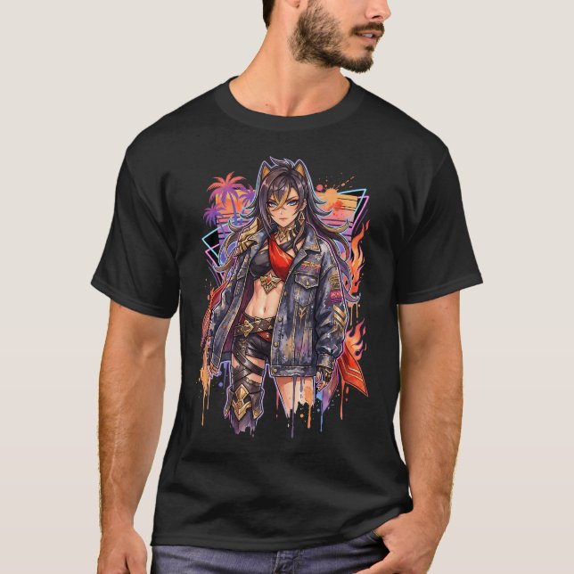 Camiseta Genshin Dehya Flame Mane Eremite Vaporwave Retro P (Anverso)