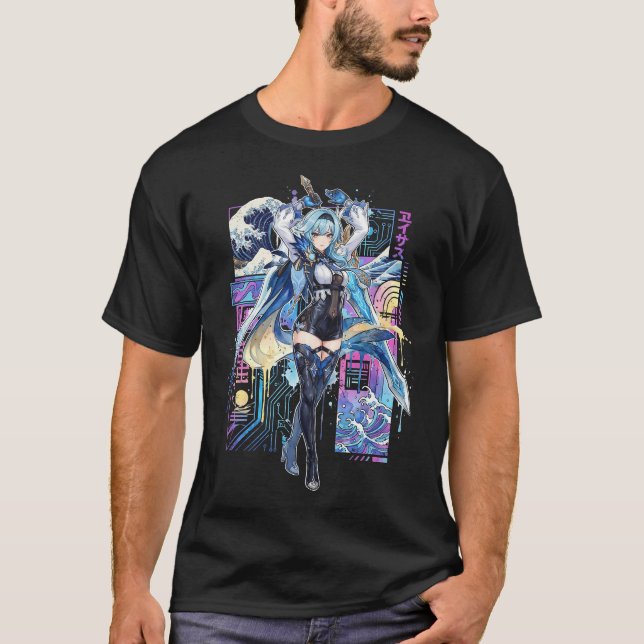 Camiseta Genshin Eula Vaporwave Glitch Palma Atardecer Neon (Anverso)