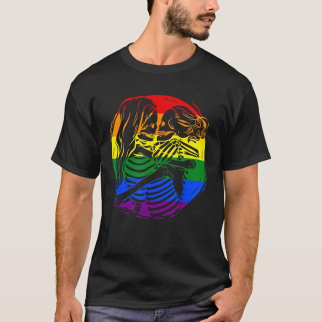 Camiseta Gente lesbiana pareja LGBT: Esqueletos para besar  (Anverso)