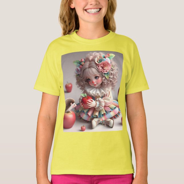 Camiseta Gentil Niña con un peto y manzanas (Anverso)