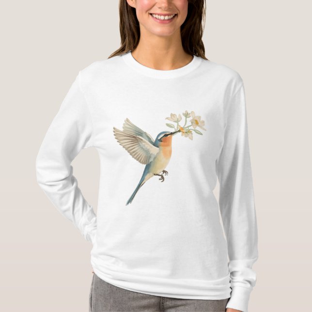 Camiseta Gentle Bird Offering Flowers Watercolor Tee (Anverso)