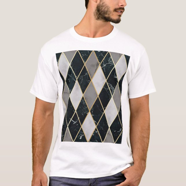 Camiseta Geométrica de Mármol: Lujo de Líneas de Oro (Anverso)