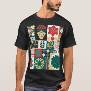 Camiseta Geométrica Mexicana: Ornamento Verde Rojo.