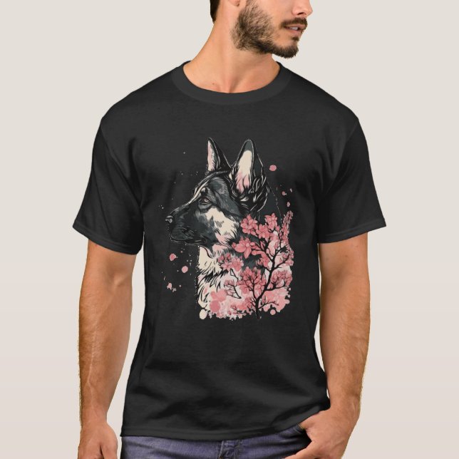 Camiseta German Shepherd Cherry Blossom Dog Breed Japanese  (Anverso)