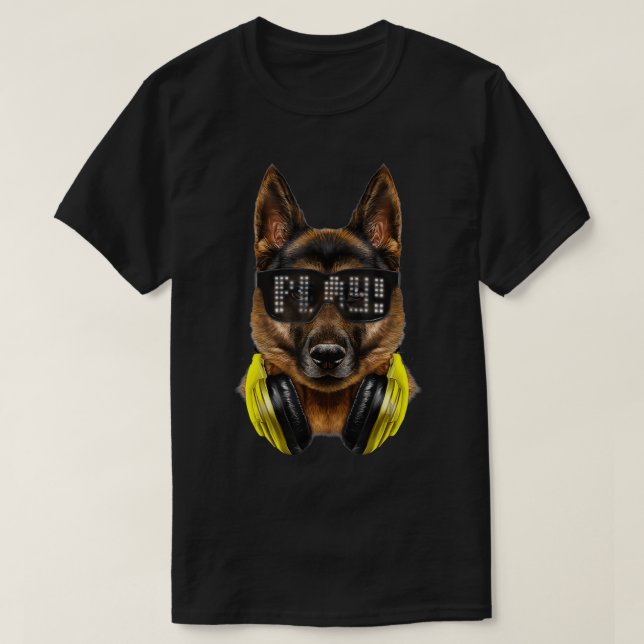 Camiseta German Shepherd Dog, DJ in LED Sunglass, Headphone (Diseño del anverso)