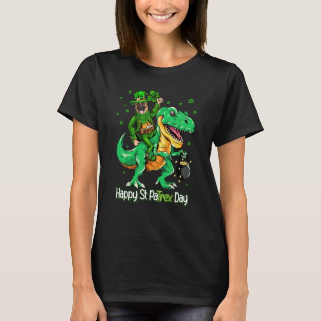 Camiseta German Shepherd Riding Dinosaur Patricks Day Shamr (Anverso)