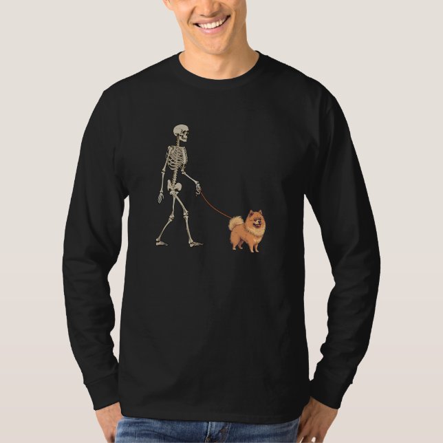 Camiseta German Spitz Skeleton Dog Walking Halloween Dog (Anverso)