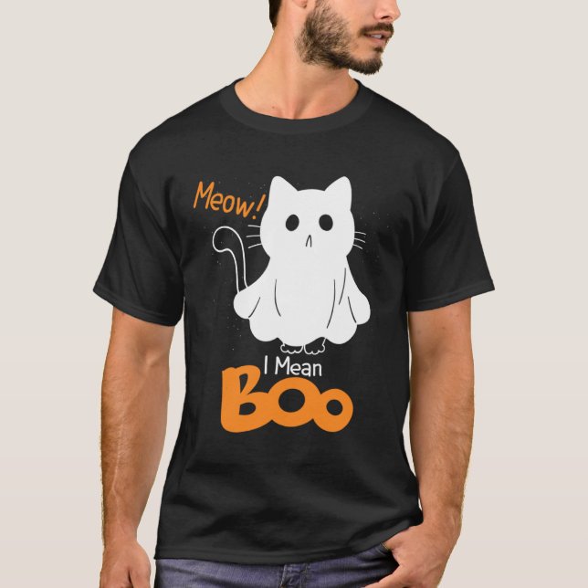Camiseta Ghost Cat Meow I Mean Boo Pumpkin Moon Halloween (Anverso)