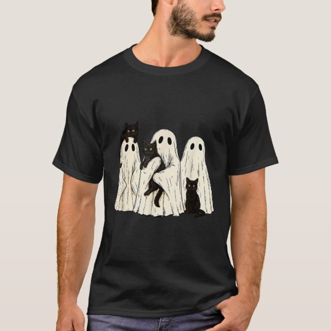 Camiseta Ghost Holding Black Cat Funny Halloween Cat Lovers (Anverso)