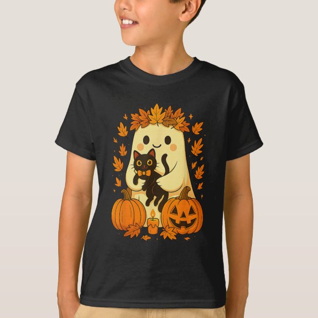 Camiseta Ghost Holding Black Cat Halloween Pumpkins Otoño (Anverso)