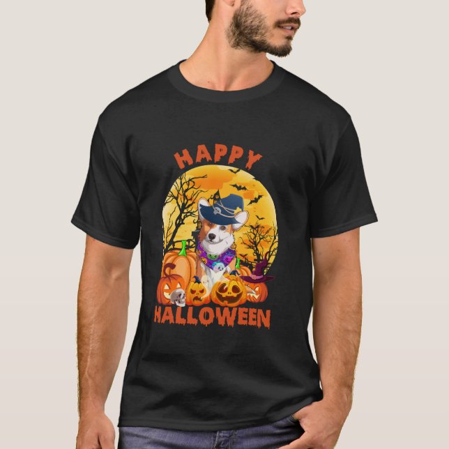 Camiseta Ghost Scary Pumpkin Moon Witch Corgi Dog Halloween (Anverso)
