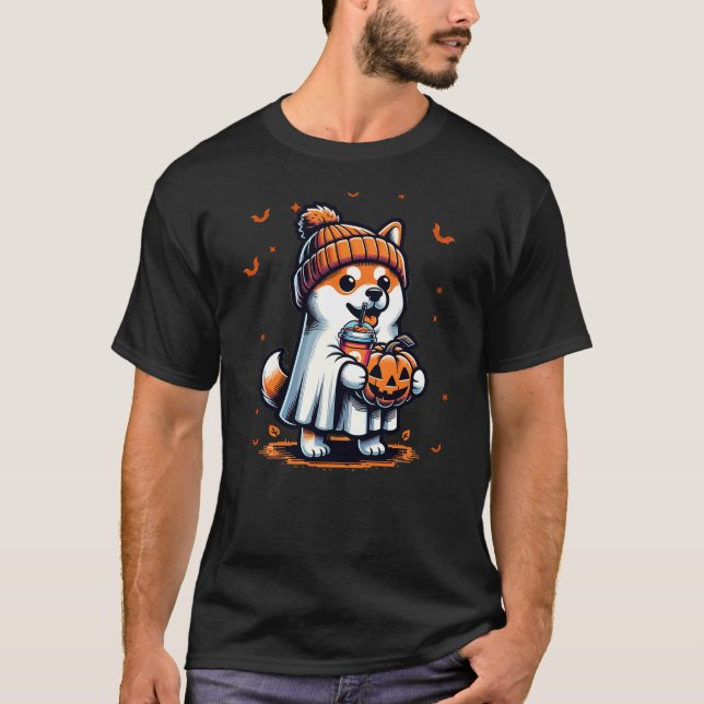 Camiseta Ghost Shiba Inu Dog Pumpkin Drinks Beanie Fall Hal (Anverso)