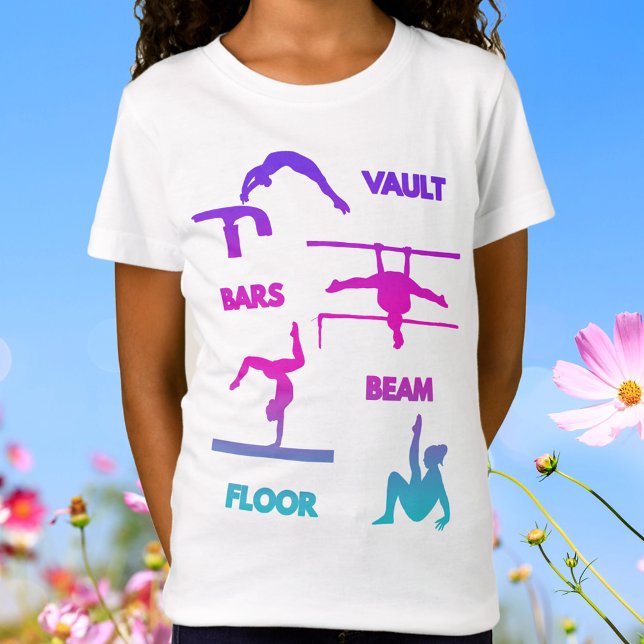 Camiseta Gimnasia Bares de bóveda color turquesa rosa púrpu (Gymnastics Pink Purple Turquoise Vault Bars Beam T-Shirt)