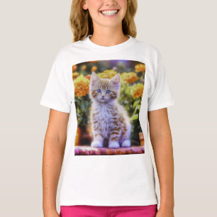 Camiseta Ginger Kitten en un jardín de flores