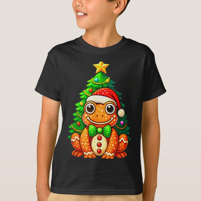 Camiseta Gingerbread Frog Wearing Santa Hat Christmas Tree  (Anverso)