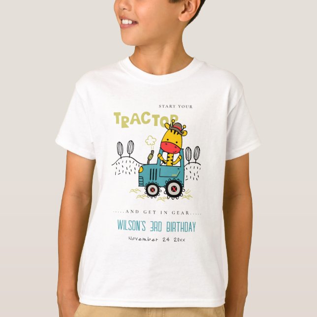Camiseta Girafa Azul Aqua En Los Niños Del Tractor De Granj (Anverso)