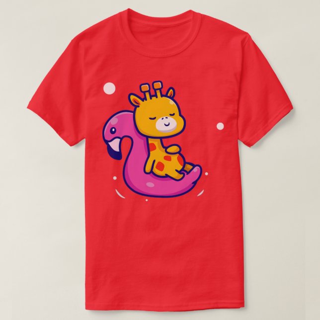 Camiseta Girafa Cuta Flotando Con Carto De Flamingo Nadante (Diseño del anverso)